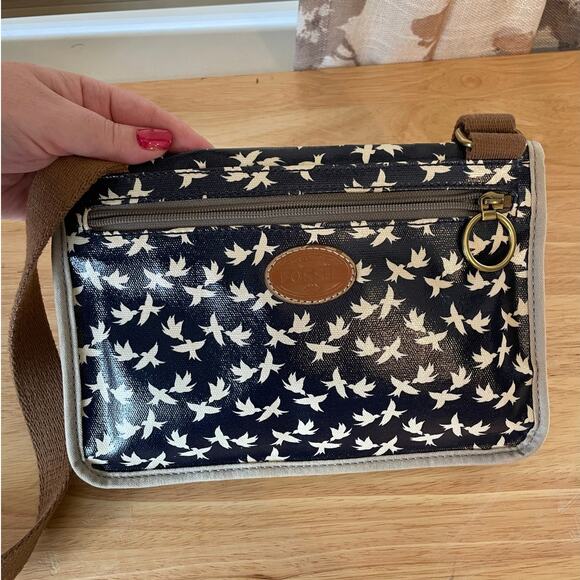 Fossil Crossbody - Blue & Grey Birds, Coated Canvas *STAINS* - Picture 7 of 8